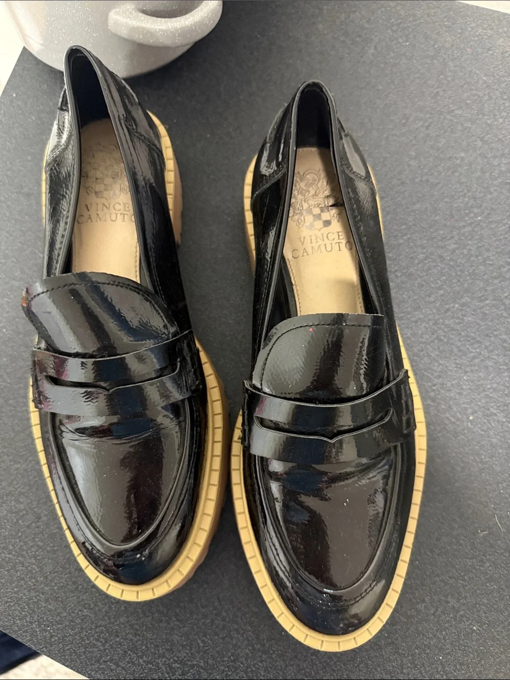 Vince Camuto Black Patent Leather Penny Loafers with Tan Soles